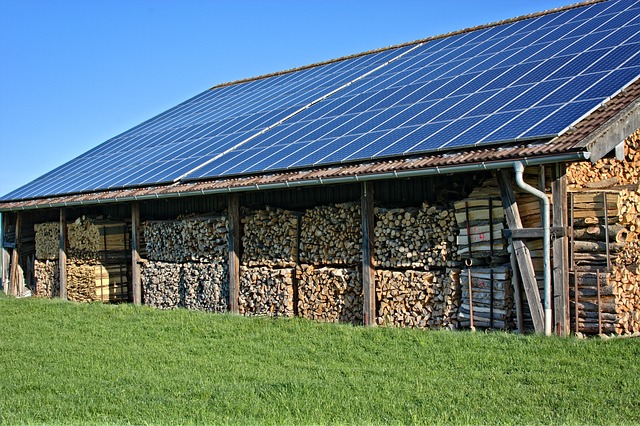 sklad palivového dřeva s fotovoltaikou na střeše
